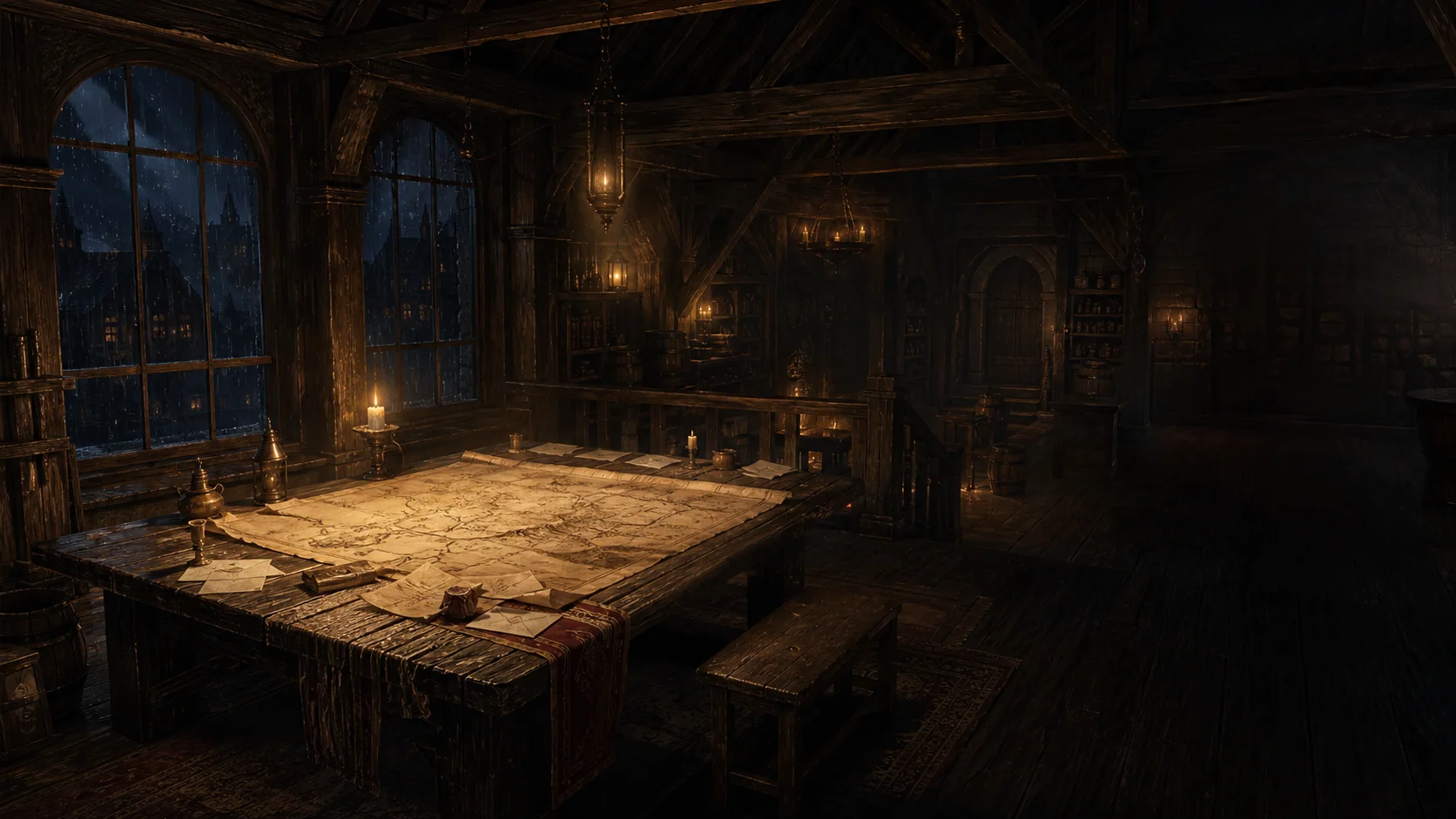 A rainlit tavern room centered on a large campaign map