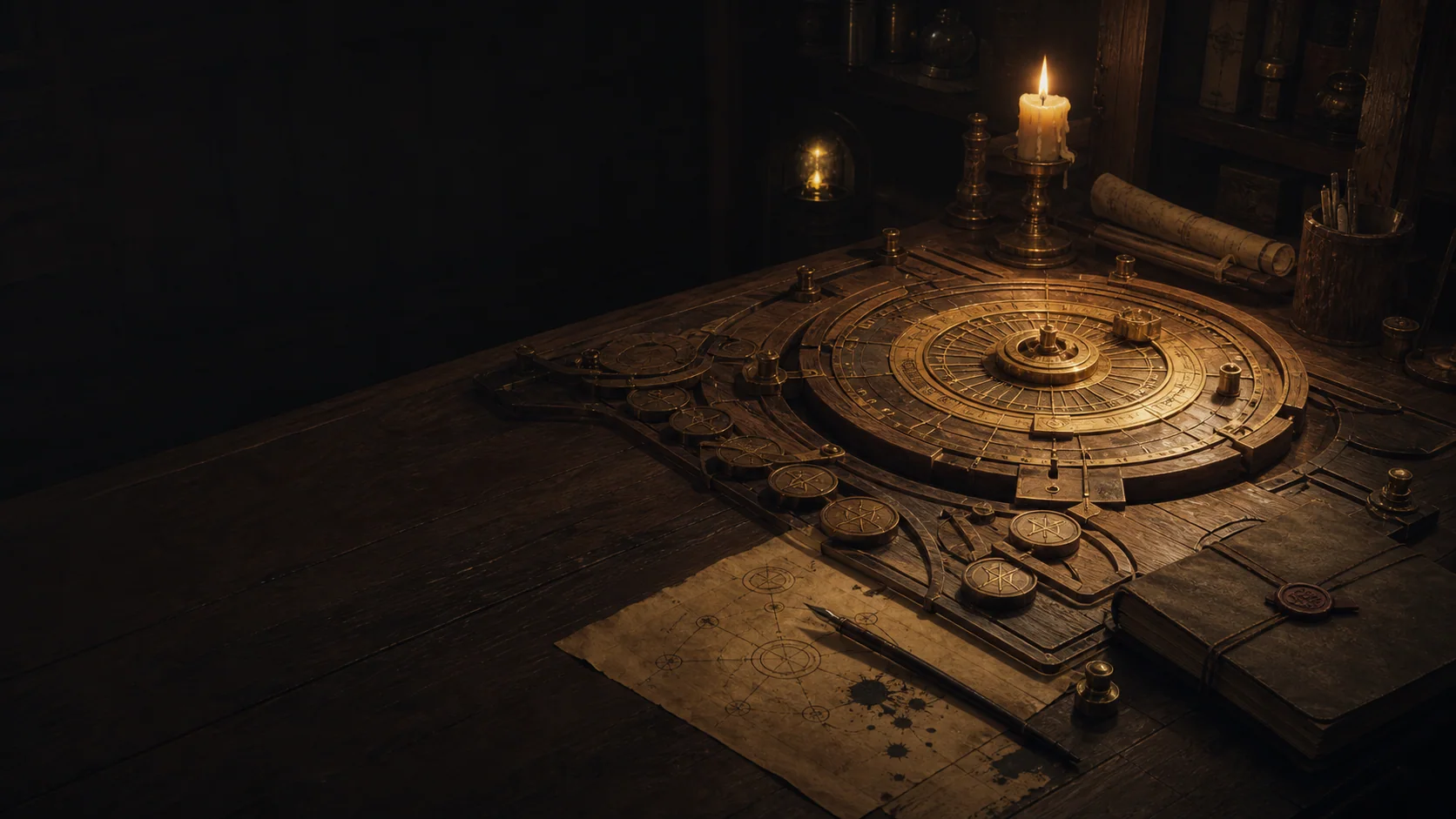 A precise brass mechanism arranged across a candlelit wooden table